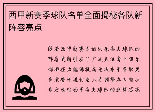 西甲新赛季球队名单全面揭秘各队新阵容亮点