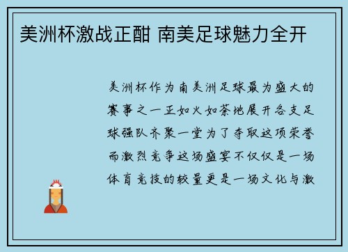 美洲杯激战正酣 南美足球魅力全开