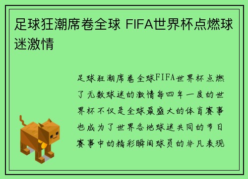 足球狂潮席卷全球 FIFA世界杯点燃球迷激情