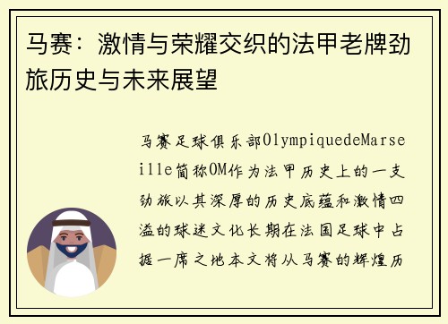 马赛：激情与荣耀交织的法甲老牌劲旅历史与未来展望